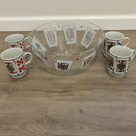 Vintage Playing Card Punch Bowl Set 4 Mugs Pedestal King Queen Jack Clubs Hearts - Picture 2 of 12